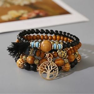 4-Piece Bohemian Tree of Life Charm Beaded Bracelet Set Handmade Wood Beads